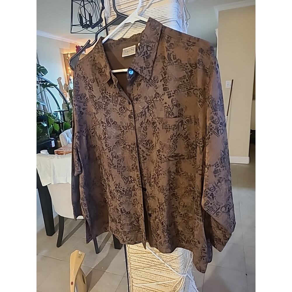 Chicos Design Size 4 Brown 3/4 Sleeve Button Up Shirt Asian Theme